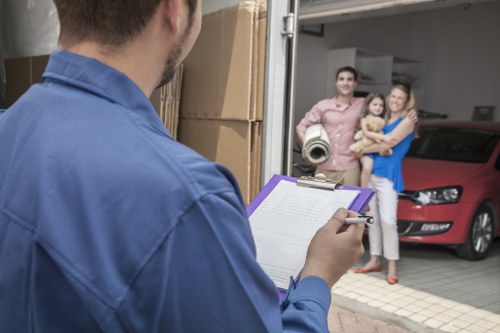 Office furniture and equipment prepared for a business move