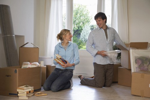 Packed moving boxes and protective wrapping for a house move