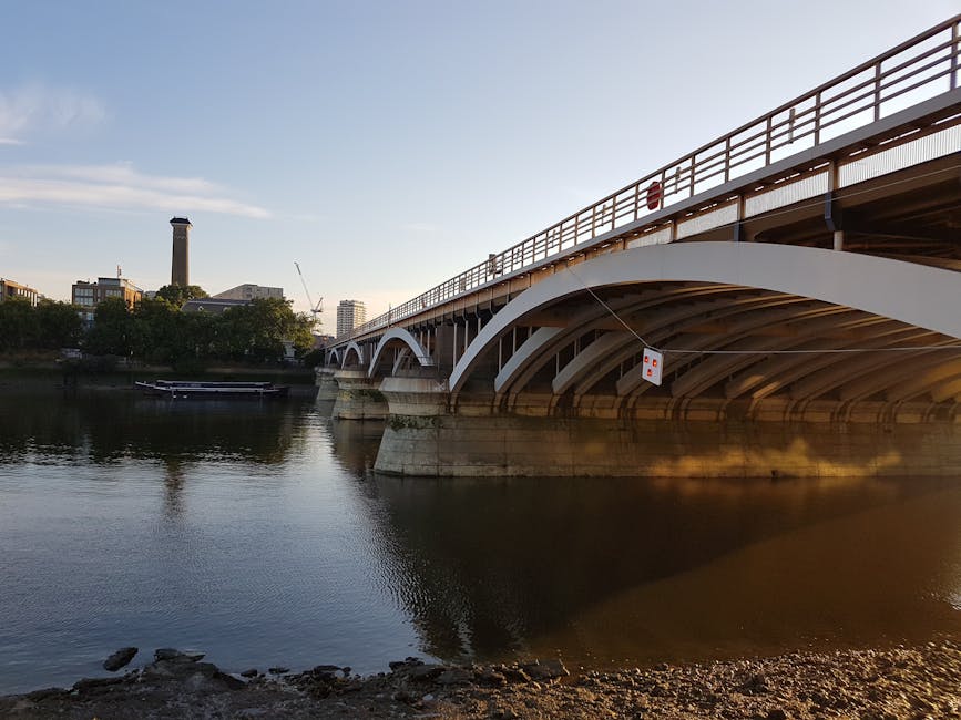 A large white arch bridge spanning over a calm river is visible in this image taken during daylight hours with clear, blue skies. The bridge has a metal railing along its length and concrete supports 